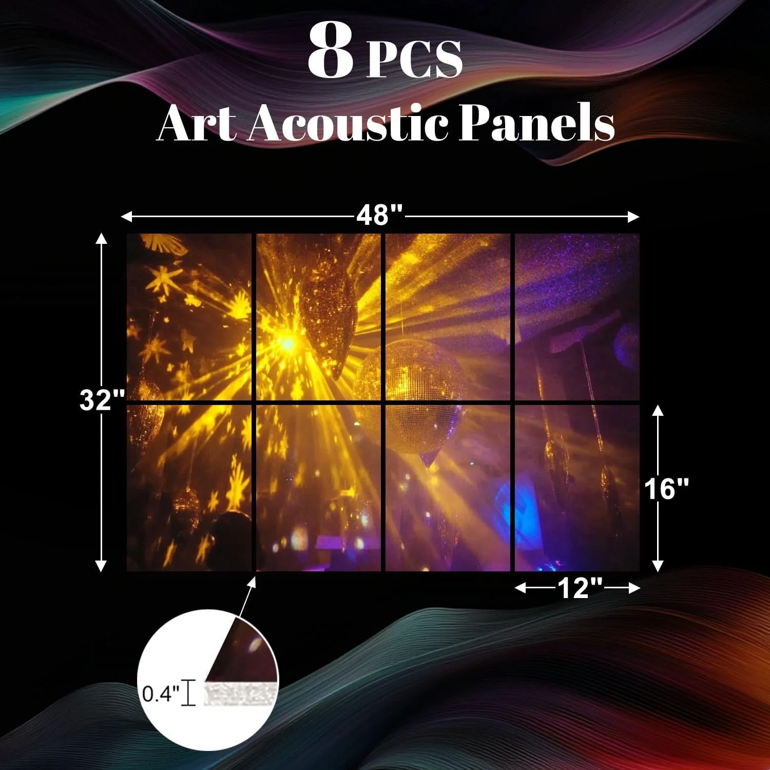 8 Pack Art Acoustic Panels Disco ball cooler lights 70s Sound Absorbing Panel 32"x48" Soundproof Wall Panels Acoustic Wall Art for Studios, Office, Theaters