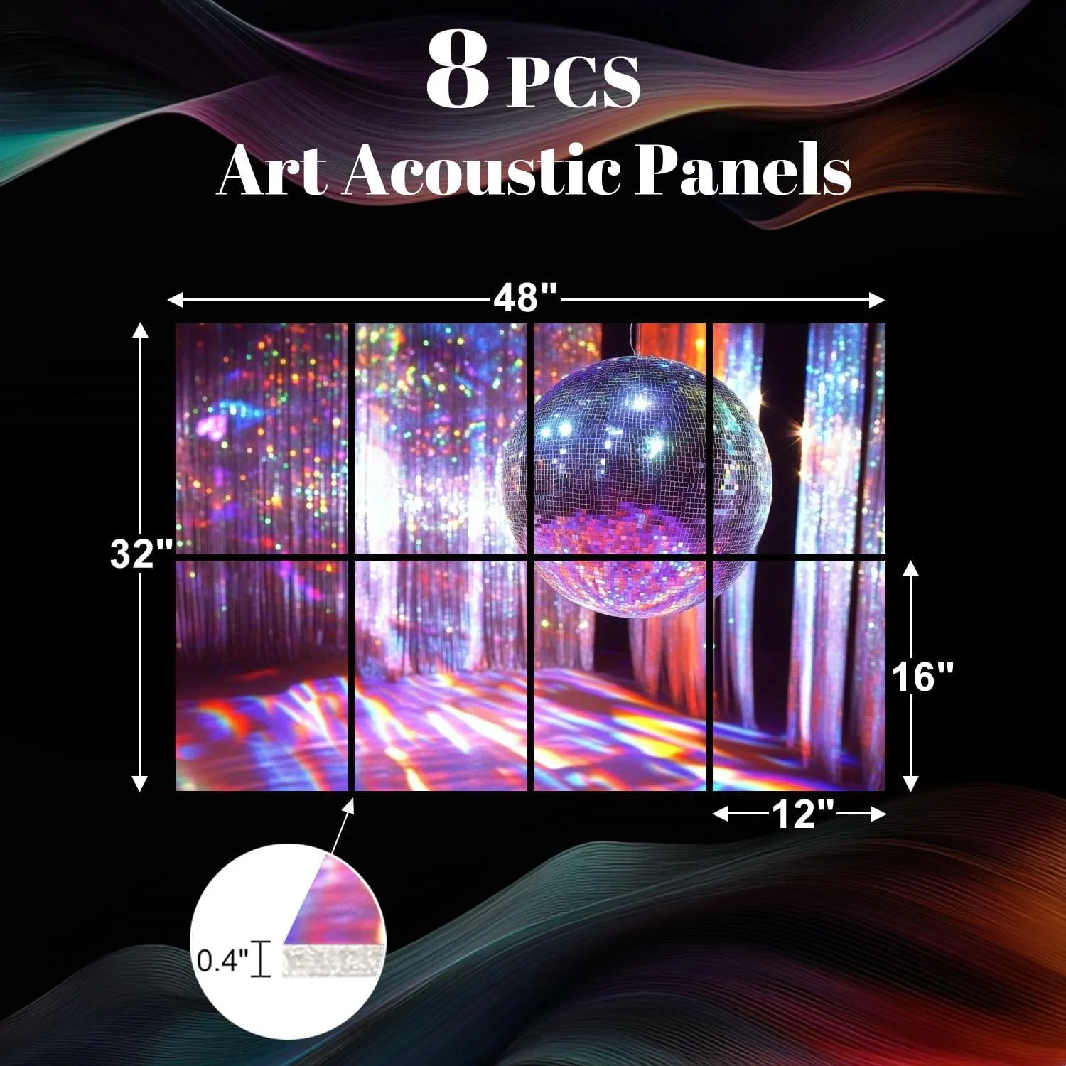 8 Pack Art Acoustic Panels disco ball cooler lights 70s Sound Absorbing Panel 32"x48" Soundproof Wall Panels Acoustic Wall Art for Studios, Office, Theaters