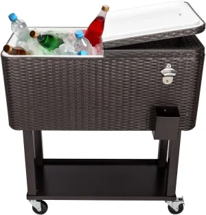 80QT Rattan Cooler Cart with Wheels - Outdoor Rolling Cooler - Dual-Temp (48hr Ice Retention/5hr Heat) - Locking Casters, Bottle Opener & Storage Tray - Patio Cooler with for Camping, BBQs