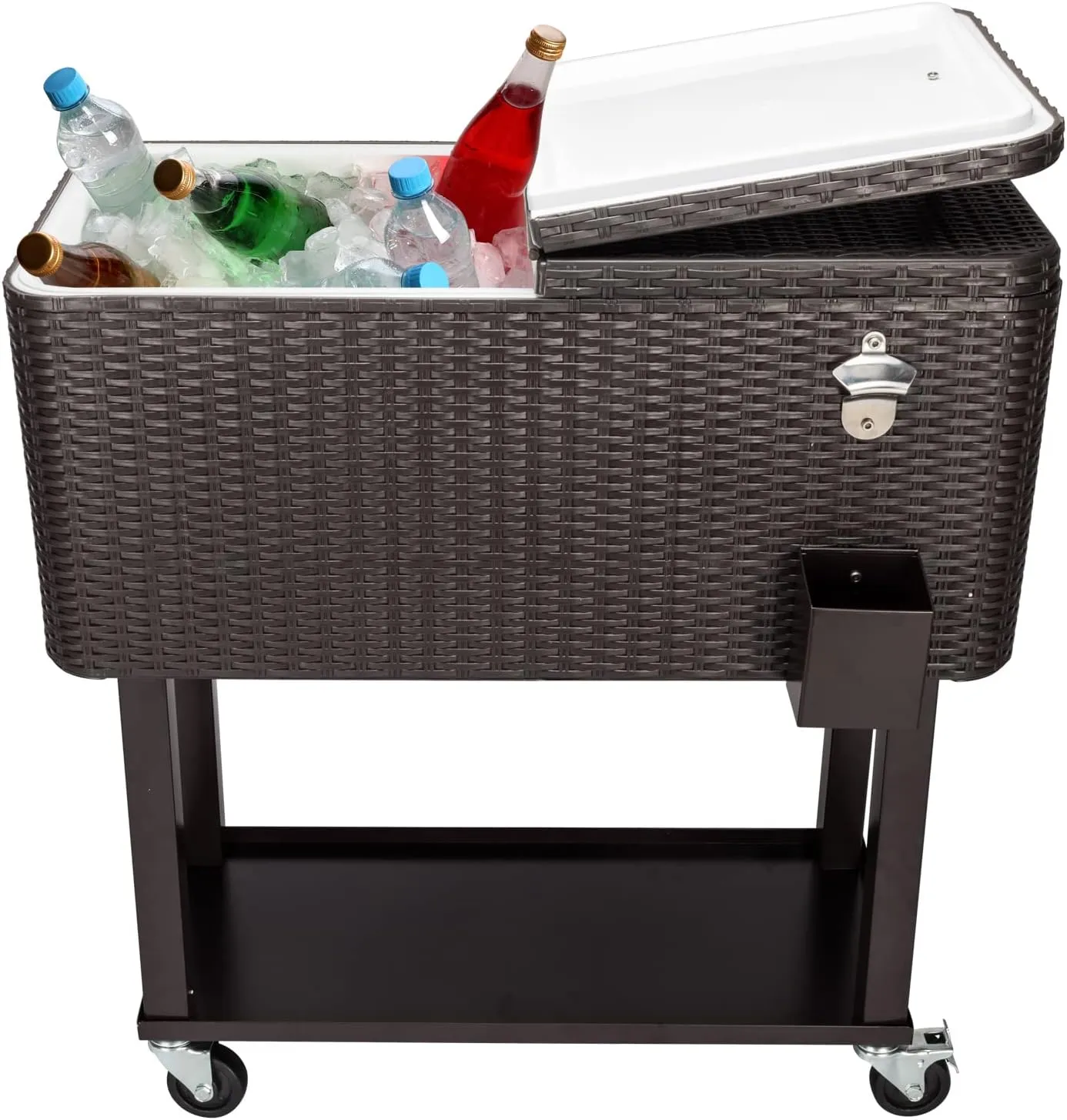 80QT Rattan Cooler Cart with Wheels - Outdoor Rolling Cooler - Dual-Temp (48hr Ice Retention/5hr Heat) - Locking Casters, Bottle Opener & Storage Tray - Patio Cooler with for Camping, BBQs
