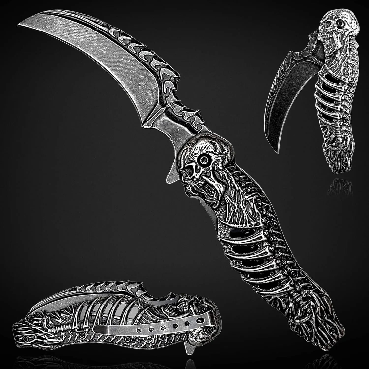 8.4'' Stonewashed 3D Engrave Skull Blade Pocket Folding Knifes with Pocket Clip, Liner Lock and Auxiliary Opening for Outdoor Camping Survival Tactical Knives Gift Collection