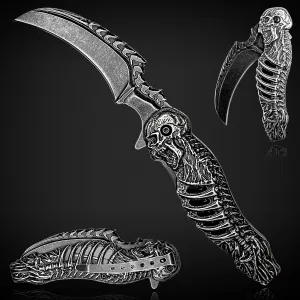 8.4'' Stonewashed 3D Engrave Skull Blade Pocket Folding Knifes with Pocket Clip, Liner Lock and Auxiliary Opening for Outdoor Camping Survival Tactical Knives Gift Collection