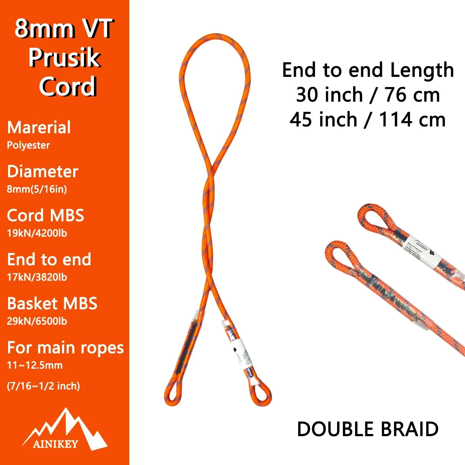 8mm (5/16") Prusik Swen Eye-to-Eye Pre-Sewn 30 inch / 45 inch Climbing Utility Cord Multipurpose for Outdoor Climbing Arborist Mountaineering Rope Orange | 45 inch | Pack of 3