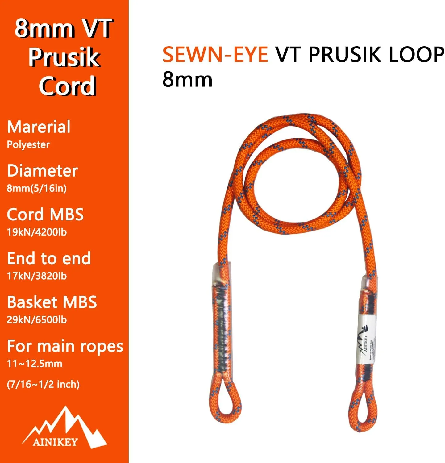 8mm (5/16") Prusik Swen Eye-to-Eye Pre-Sewn 30 inch / 45 inch Climbing Utility Cord Multipurpose for Outdoor Climbing Arborist Mountaineering Rope Orange | 45 inch | Pack of 3