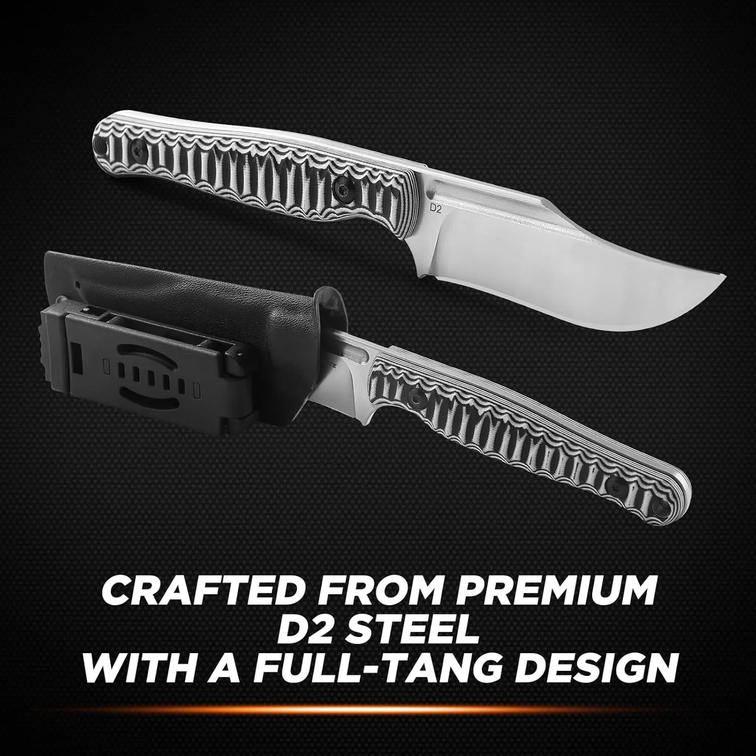 8" Fixed Blade Knife LW-Y, Full Tang Horizontal Carry Fixed Blade Knife with Kydex Sheath for Men G10 D2 Steel