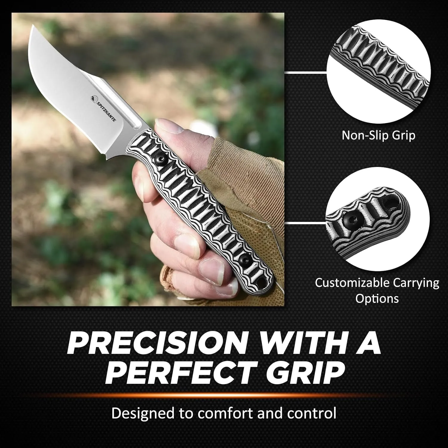 8" Fixed Blade Knife LW-Y, Full Tang Horizontal Carry Fixed Blade Knife with Kydex Sheath for Men G10 D2 Steel