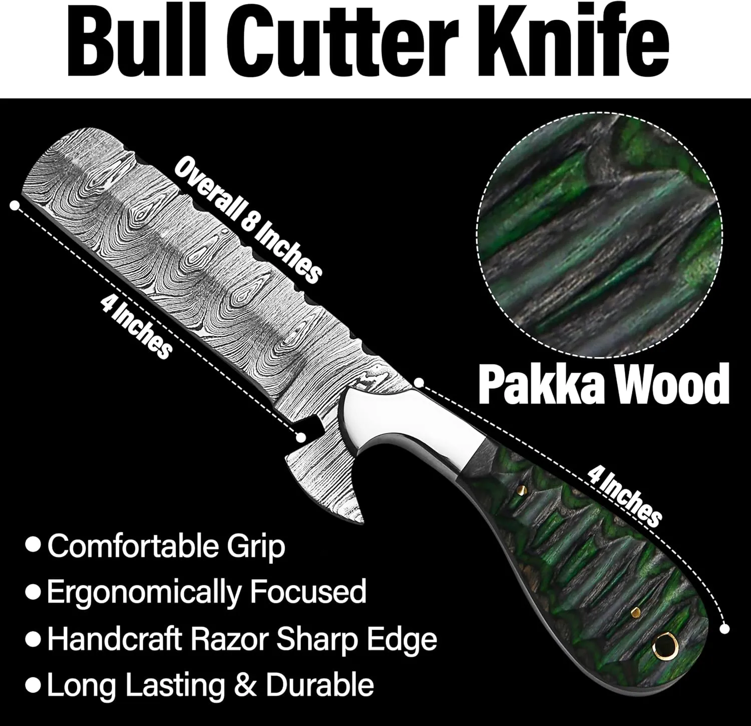 8" Handmade Damascus Bull Cutter Knife with Leather Sheath - Western Cowboy knife for Hunting, Skinning, Camping, and outdoor activities - Green