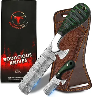 8" Handmade Damascus Bull Cutter Knife with Leather Sheath - Western Cowboy knife for Hunting, Skinning, Camping, and outdoor activities - Green