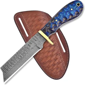 8" Handmade Damascus Bull Cutter Knife with Pancake Sheath - Western Cowboy knife for Hunting, Skinning, Camping, and outdoor activities