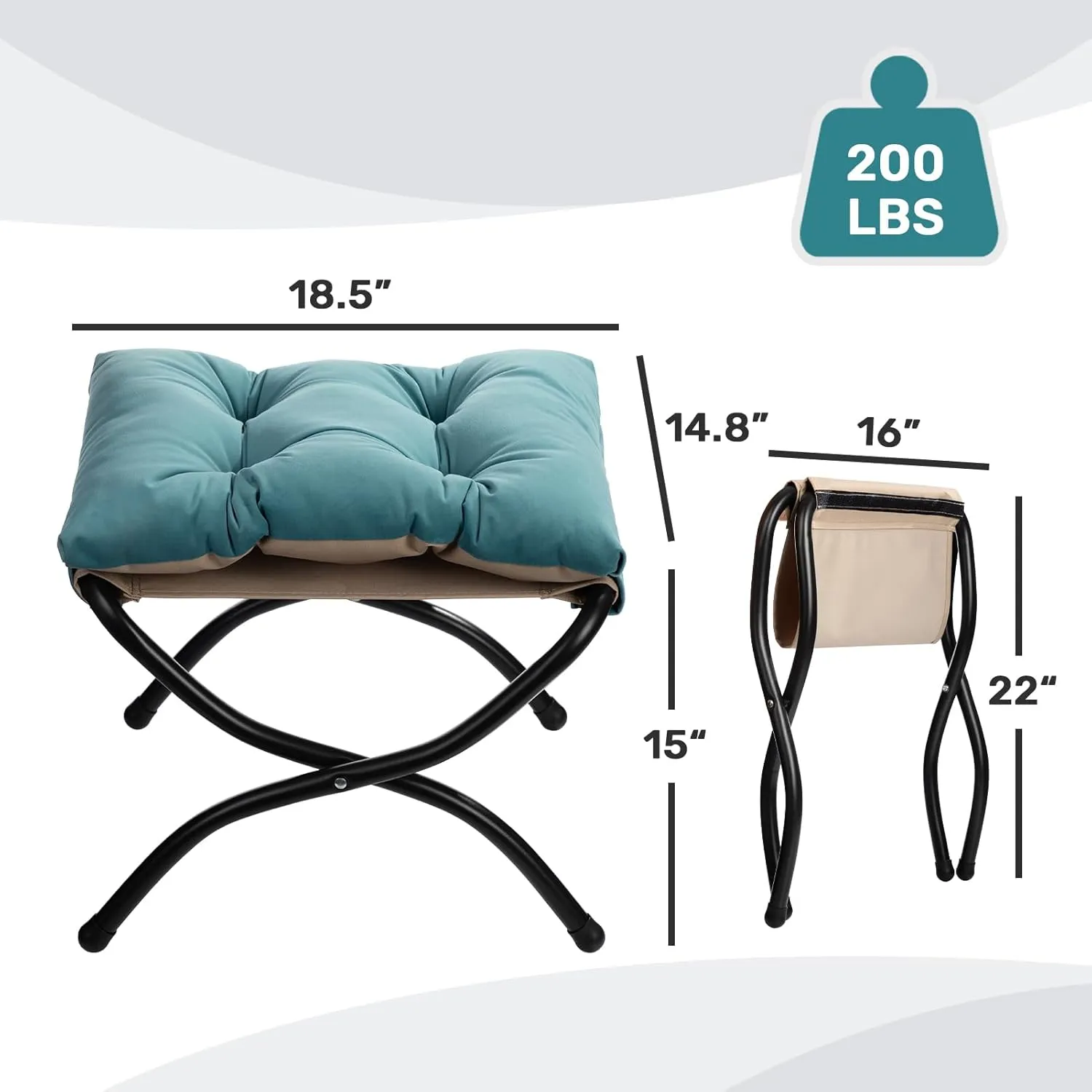 AbocoFur 15"(H) Folding Footrest Stool, Accent Padded Sofa Foot Stool for Lazy Chair, Upholstered Small Foldable Ottoman, Metal Frame Portable Foot Rest Ottoman for Living Room, Bedroom, Lake Blue