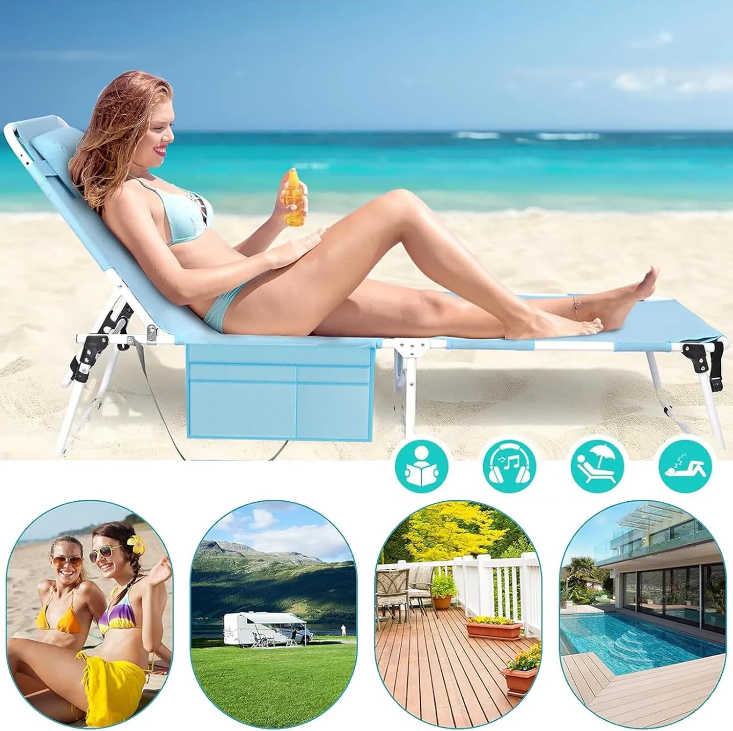 ABORON 2PK Sun Tanning Chair，4-in-1 Patio Lounge Chair, Heavy Duty Folding Chaise with 500LB Load Capacity, Adjustable Portable Chair for Home, Garden, Beach, Office, Camping & Sunbathing