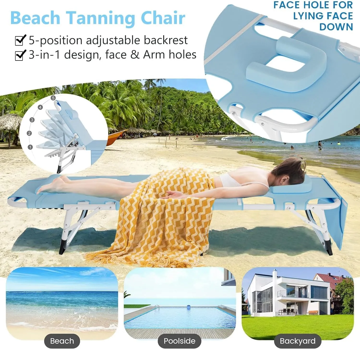 ABORON 2PK Sun Tanning Chair，4-in-1 Patio Lounge Chair, Heavy Duty Folding Chaise with 500LB Load Capacity, Adjustable Portable Chair for Home, Garden, Beach, Office, Camping & Sunbathing