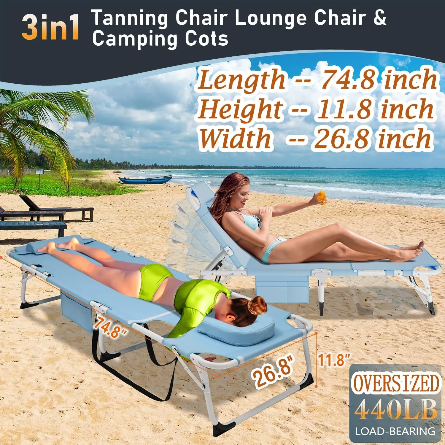 ABORON 2PK Sun Tanning Chair，4-in-1 Patio Lounge Chair, Heavy Duty Folding Chaise with 500LB Load Capacity, Adjustable Portable Chair for Home, Garden, Beach, Office, Camping & Sunbathing