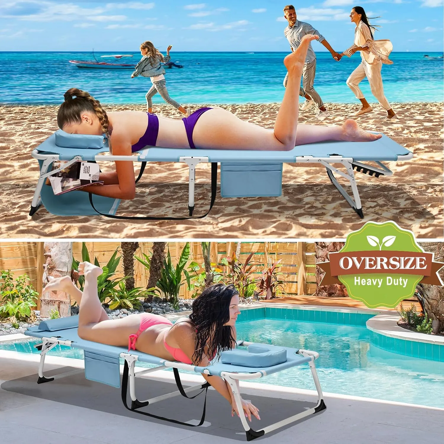 ABORON 2PK Sun Tanning Chair，4-in-1 Patio Lounge Chair, Heavy Duty Folding Chaise with 500LB Load Capacity, Adjustable Portable Chair for Home, Garden, Beach, Office, Camping & Sunbathing