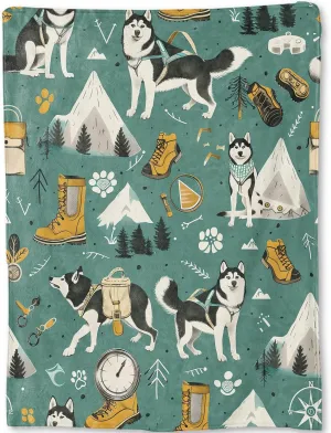 Adventure Husky Flannel Blanket - Playful Dog & Mountain Gear Throw,Gifts for Kids Adult & Pet Lovers,Ultra Soft & Warm,Lightweight, for Couch Bedroom Living Room Outdoor Decor 60x80in
