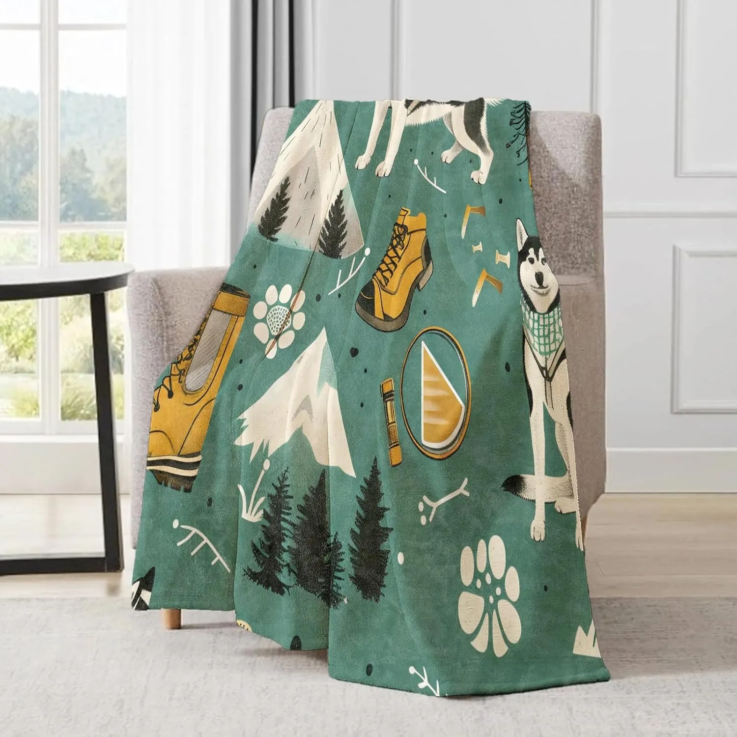 Adventure Husky Flannel Blanket - Playful Dog & Mountain Gear Throw,Gifts for Kids Adult & Pet Lovers,Ultra Soft & Warm,Lightweight, for Couch Bedroom Living Room Outdoor Decor 60x80in