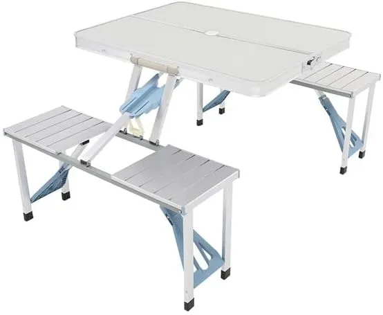 Aeiniwer Portable Aluminum Folding Picnic Table with 4 Seats, Camping Table with Umbrella Hole, Silver, 53.15 x 32.68 x 26.57 inches