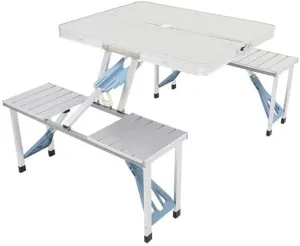 Aeiniwer Portable Aluminum Folding Picnic Table with 4 Seats, Camping Table with Umbrella Hole, Silver, 53.15 x 32.68 x 26.57 inches
