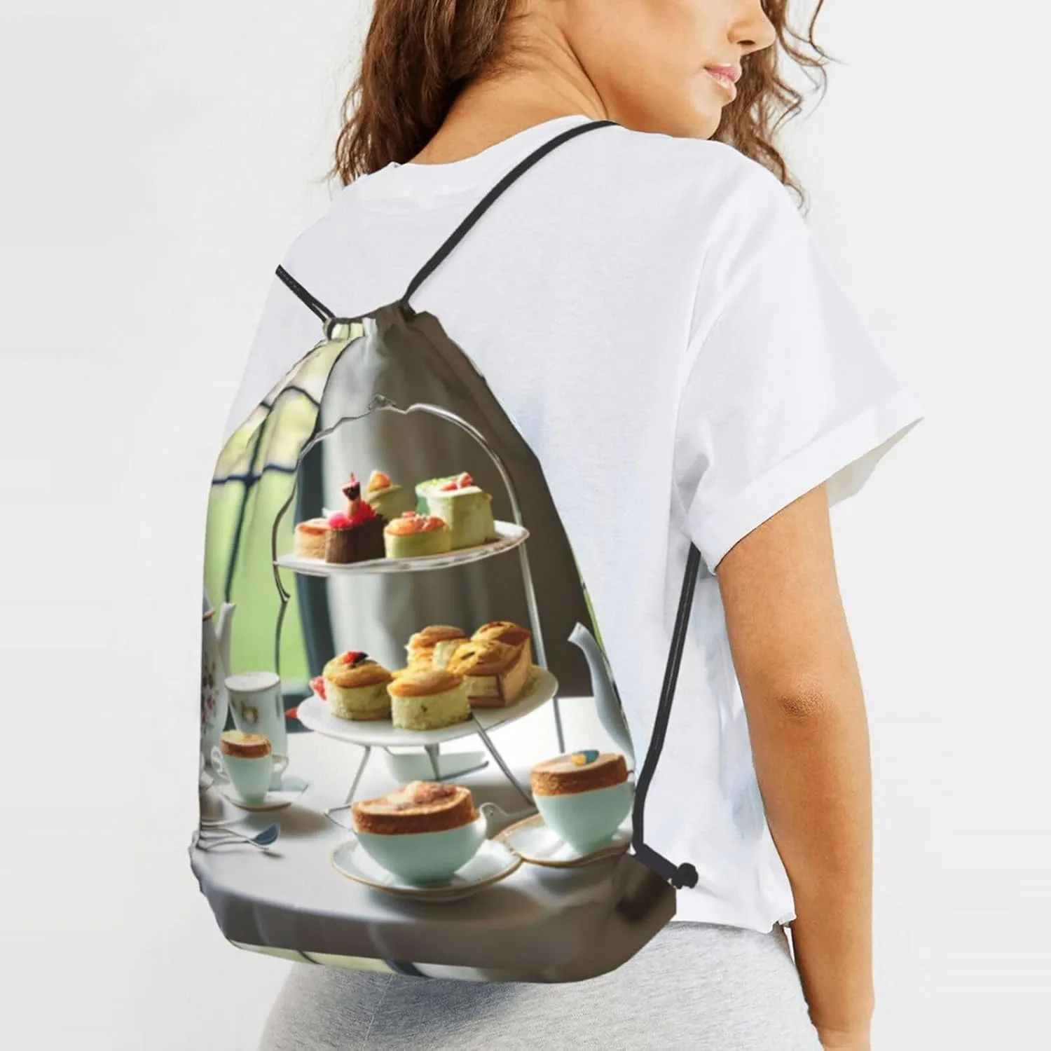 Afternoon Tea Drawstring Cinch Backpack Polyester Sack Pack String Bag For Hiking Camping Adventure