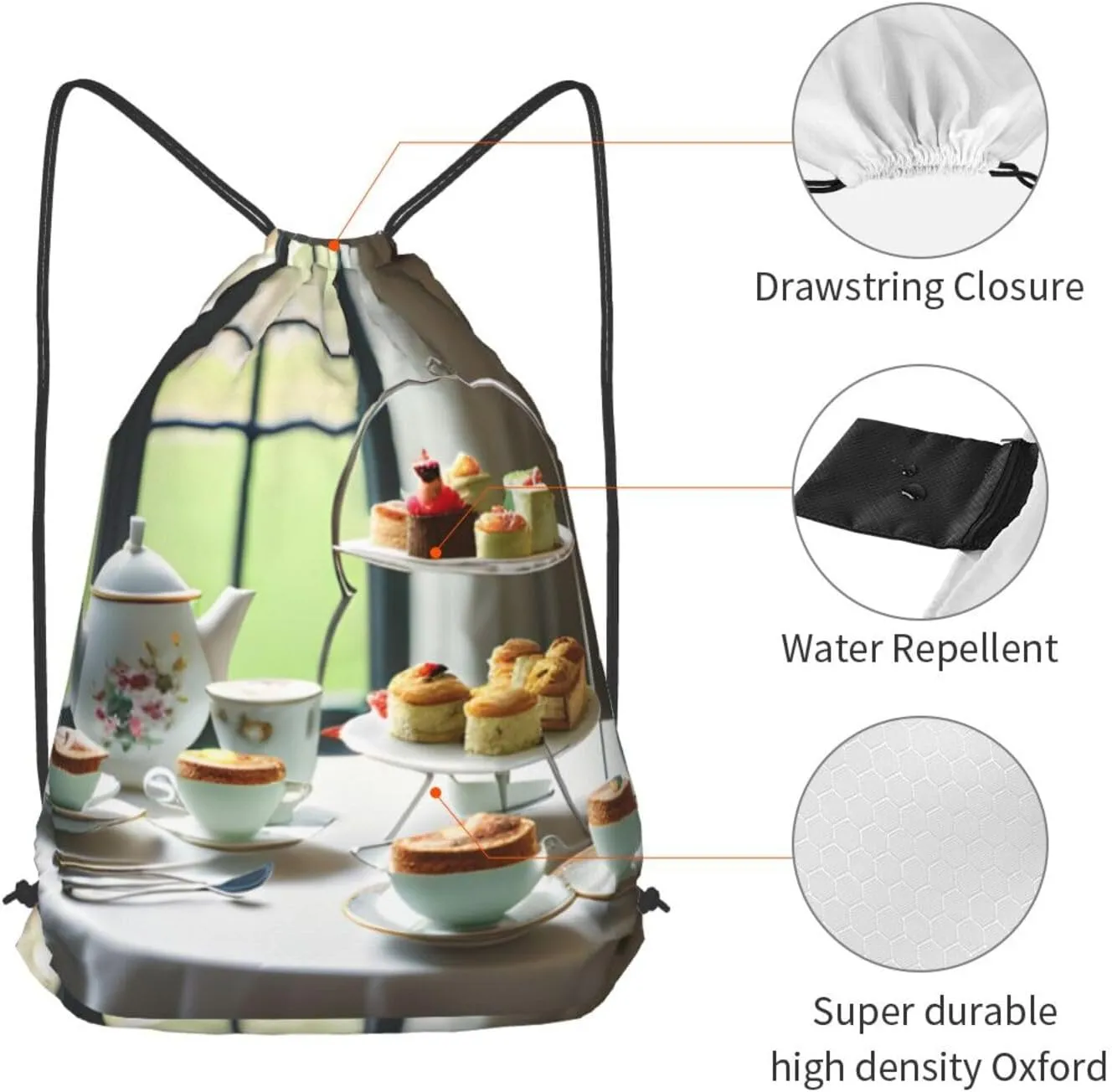 Afternoon Tea Drawstring Cinch Backpack Polyester Sack Pack String Bag For Hiking Camping Adventure