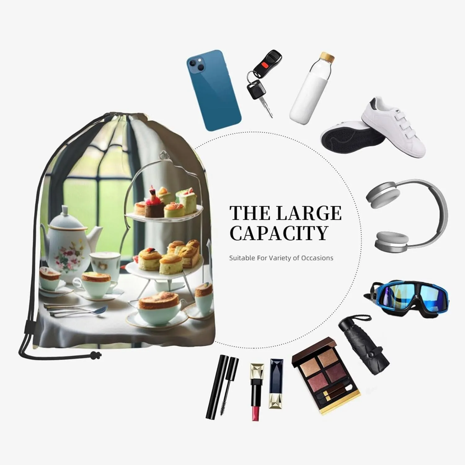 Afternoon Tea Drawstring Cinch Backpack Polyester Sack Pack String Bag For Hiking Camping Adventure