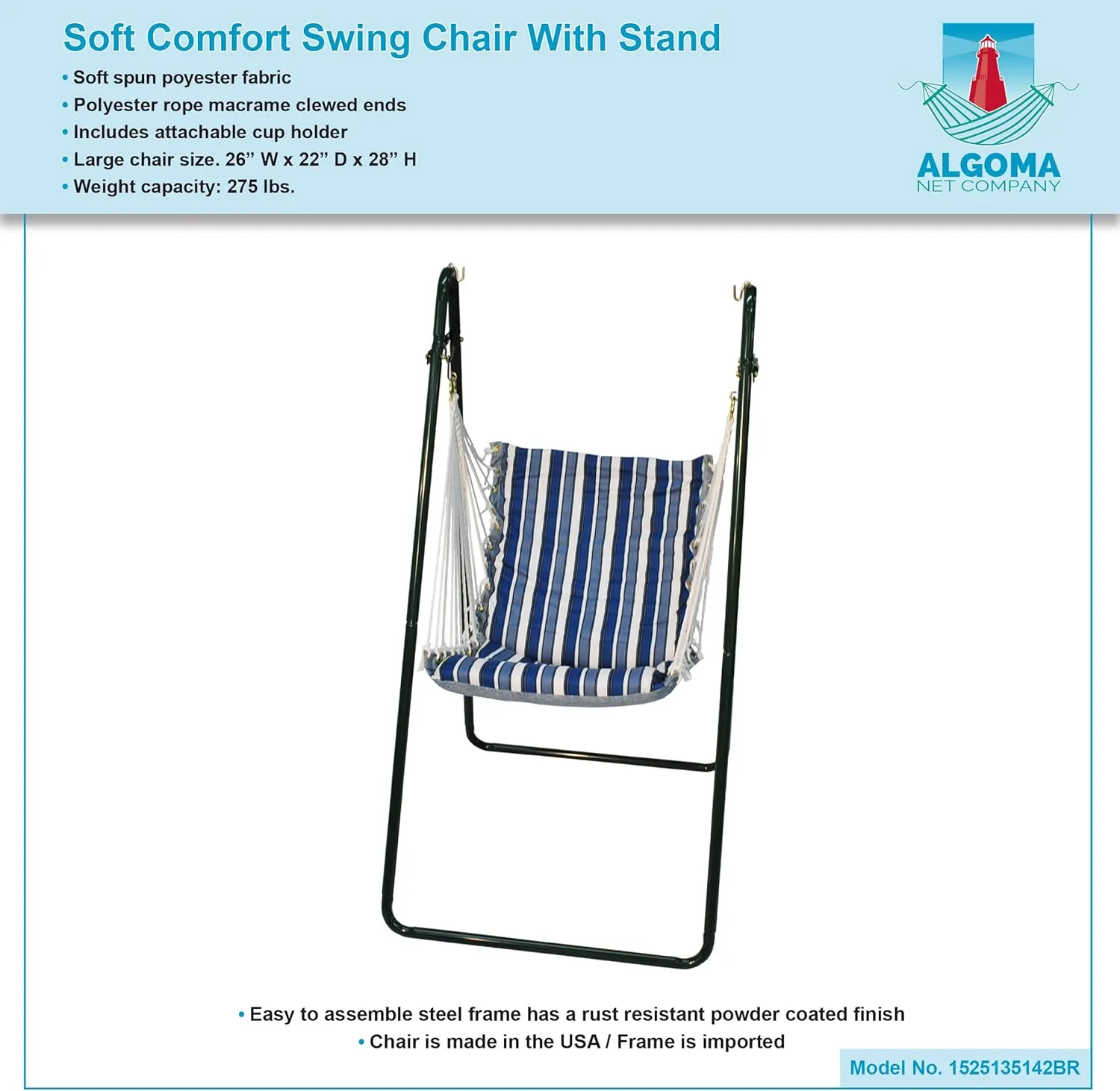 Algoma Net Hammock Chair with Spreader Bar, Padded Swing Chair for Outdoor Swing, Comfortable Hanging Seat with Stand - Tropical Palm Stripe