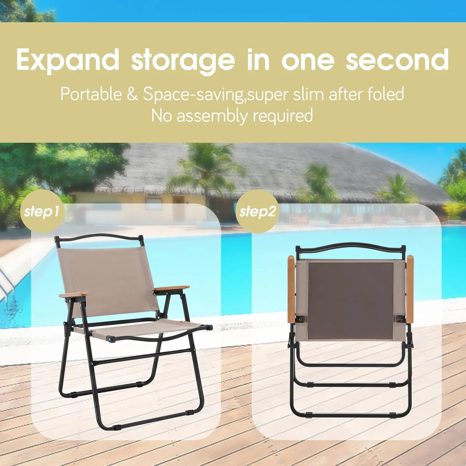 ALISH Camping Chairs, Portable Lawn Chairs Lightweight Outdoor Chairs with Wooden Handle for Travel Camping Lawn Hiking (Khaki, Set of 2)_