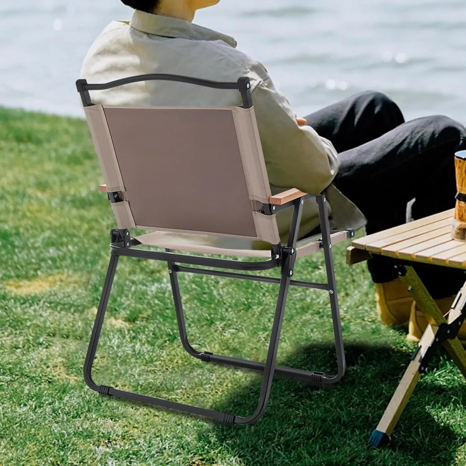 ALISH Camping Chairs, Portable Lawn Chairs Lightweight Outdoor Chairs with Wooden Handle for Travel Camping Lawn Hiking (Khaki, Set of 2)_