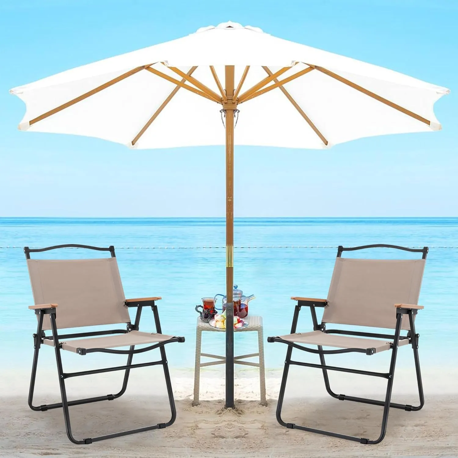 ALISH Camping Chairs, Portable Lawn Chairs Lightweight Outdoor Chairs with Wooden Handle for Travel Camping Lawn Hiking (Khaki, Set of 2)_
