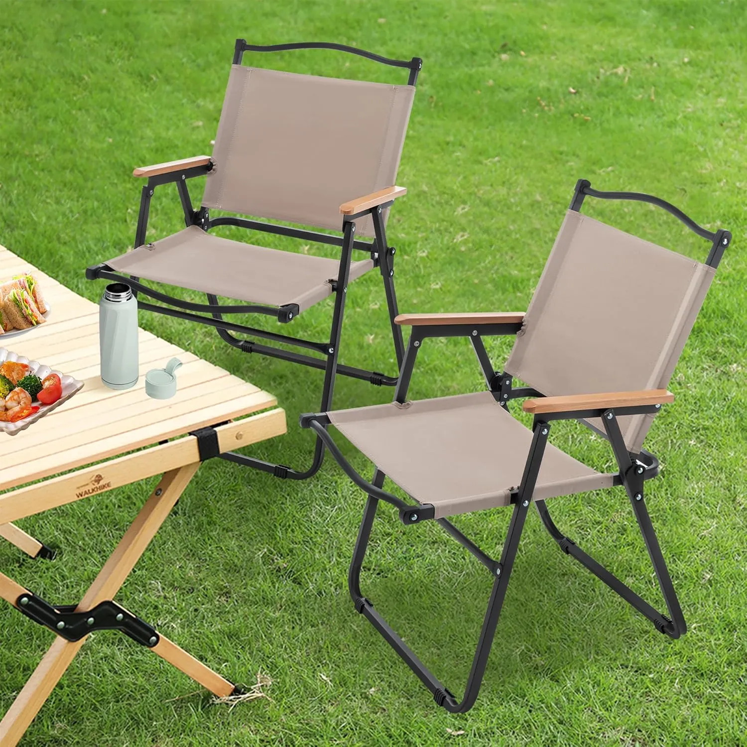 ALISH Camping Chairs, Portable Lawn Chairs Lightweight Outdoor Chairs with Wooden Handle for Travel Camping Lawn Hiking (Khaki, Set of 2)_