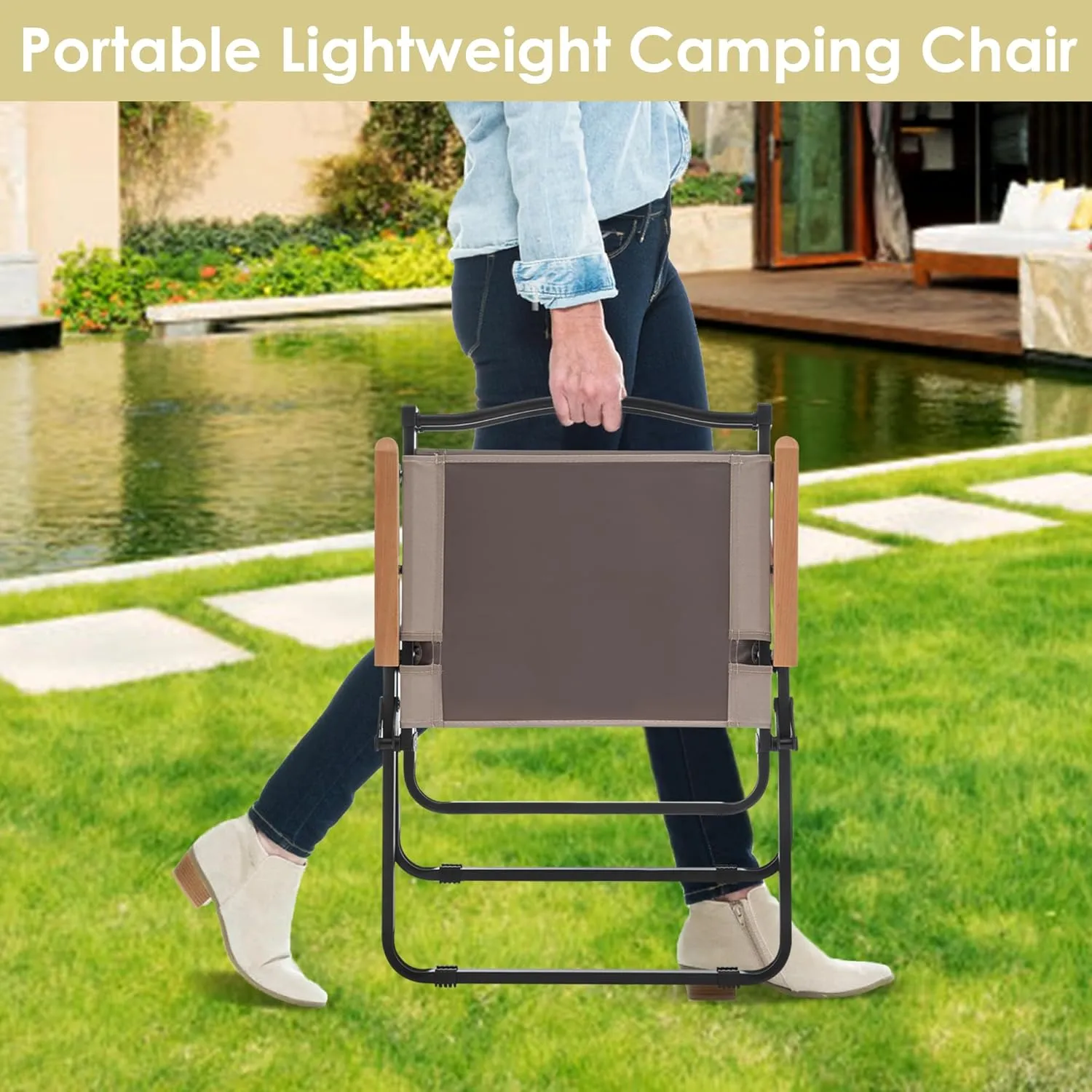 ALISH Camping Chairs, Portable Lawn Chairs Lightweight Outdoor Chairs with Wooden Handle for Travel Camping Lawn Hiking (Khaki, Set of 2)_