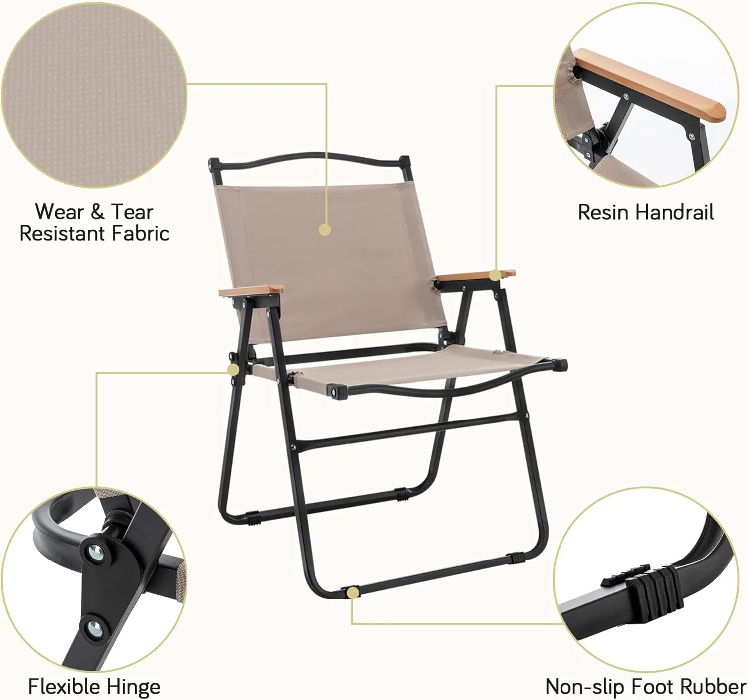 ALISH Camping Chairs, Portable Lawn Chairs Lightweight Outdoor Chairs with Wooden Handle for Travel Camping Lawn Hiking (Khaki, Set of 2)_
