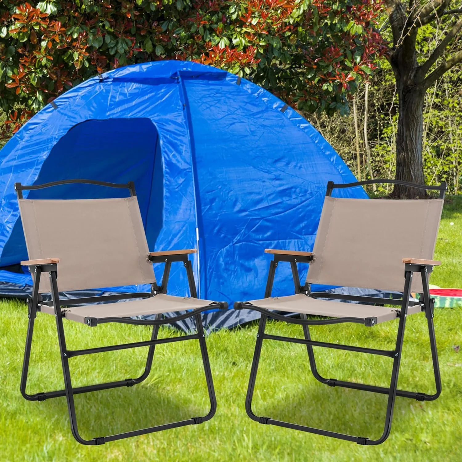 ALISH Camping Chairs, Portable Lawn Chairs Lightweight Outdoor Chairs with Wooden Handle for Travel Camping Lawn Hiking (Khaki, Set of 2)_