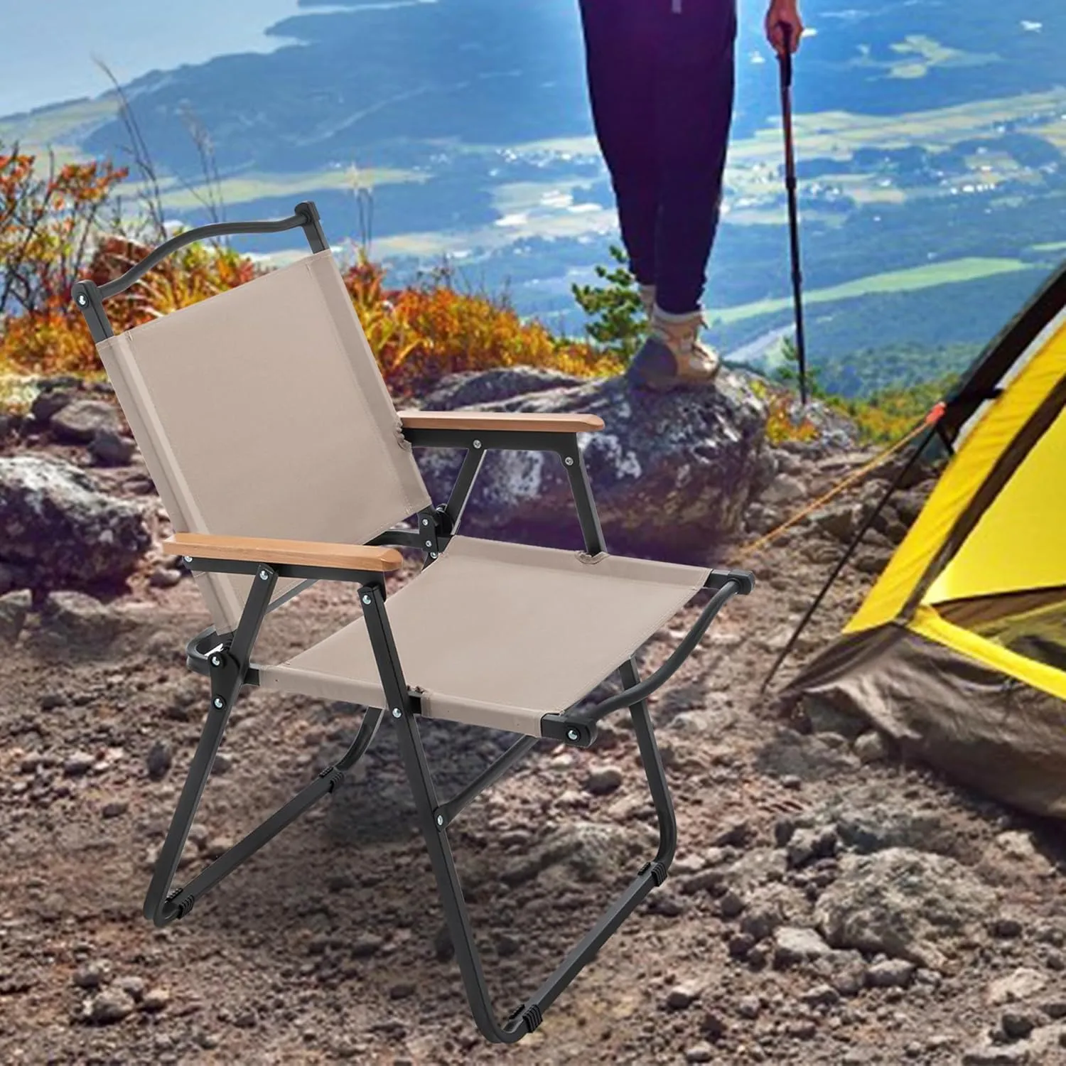 ALISH Camping Chairs, Portable Lawn Chairs Lightweight Outdoor Chairs with Wooden Handle for Travel Camping Lawn Hiking (Khaki, Set of 2)_