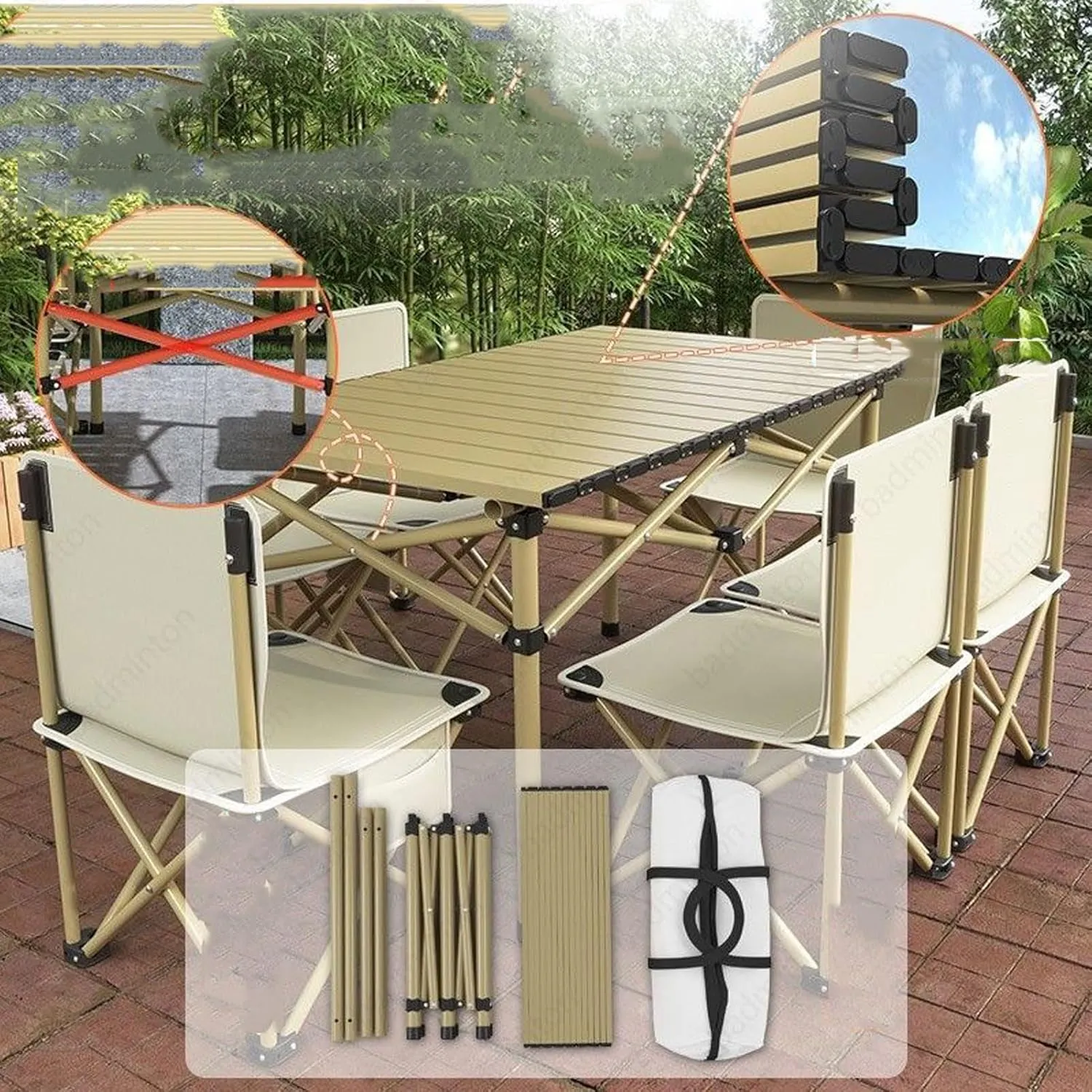 Aluminum Folding Chair Portable Camping Folding Chairs and Tables Set, with Carrying Bag, Camping Table, Fold up Lightweight, Portable Roll up Aluminum Table (B 120cm with 6 Chairs)