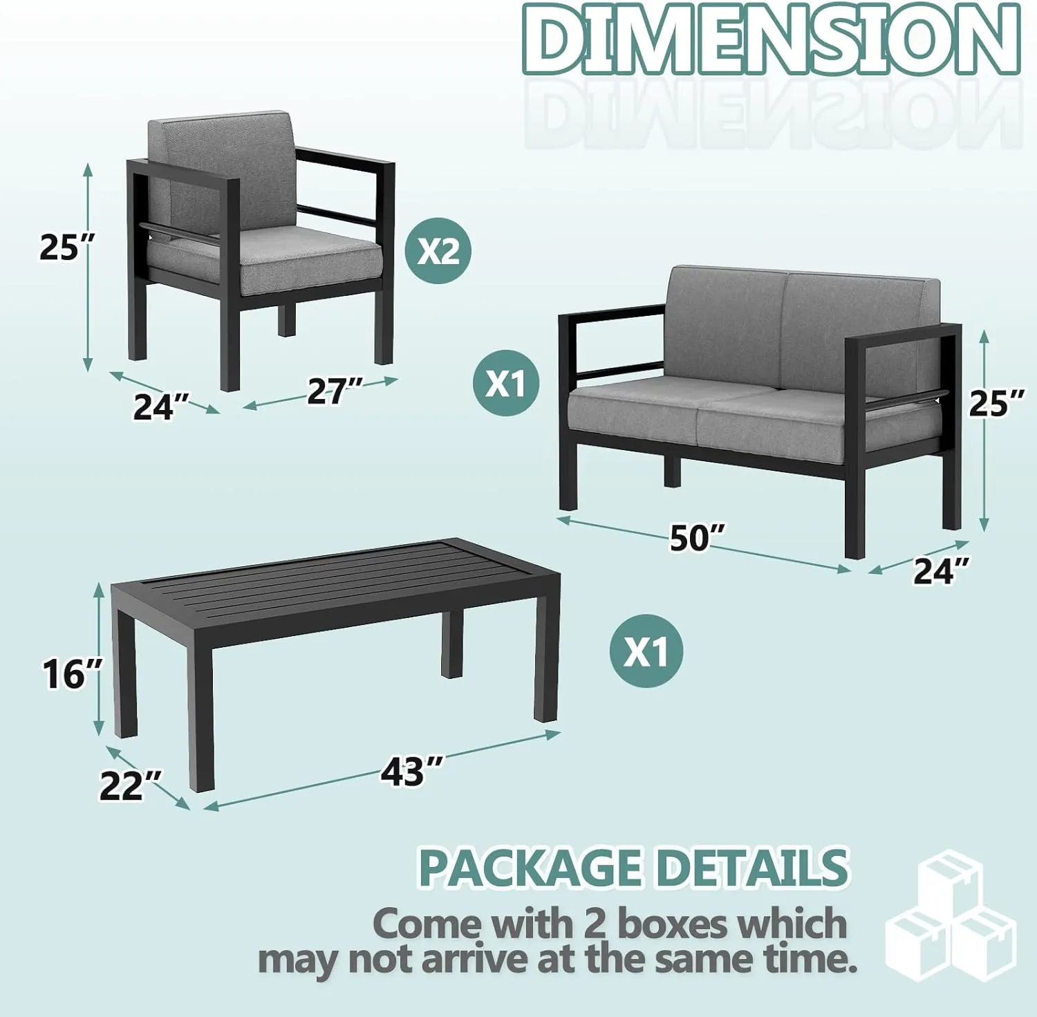 Aluminum Patio Furniture Set, 4 Pieces Modern Outdoor Conversation Set with Loveseat, Outdoor Sectional Sofa Set with Waterproof Upgrade Cushion and Coffee Table for Backyard, Lawn (4 Pcs)
