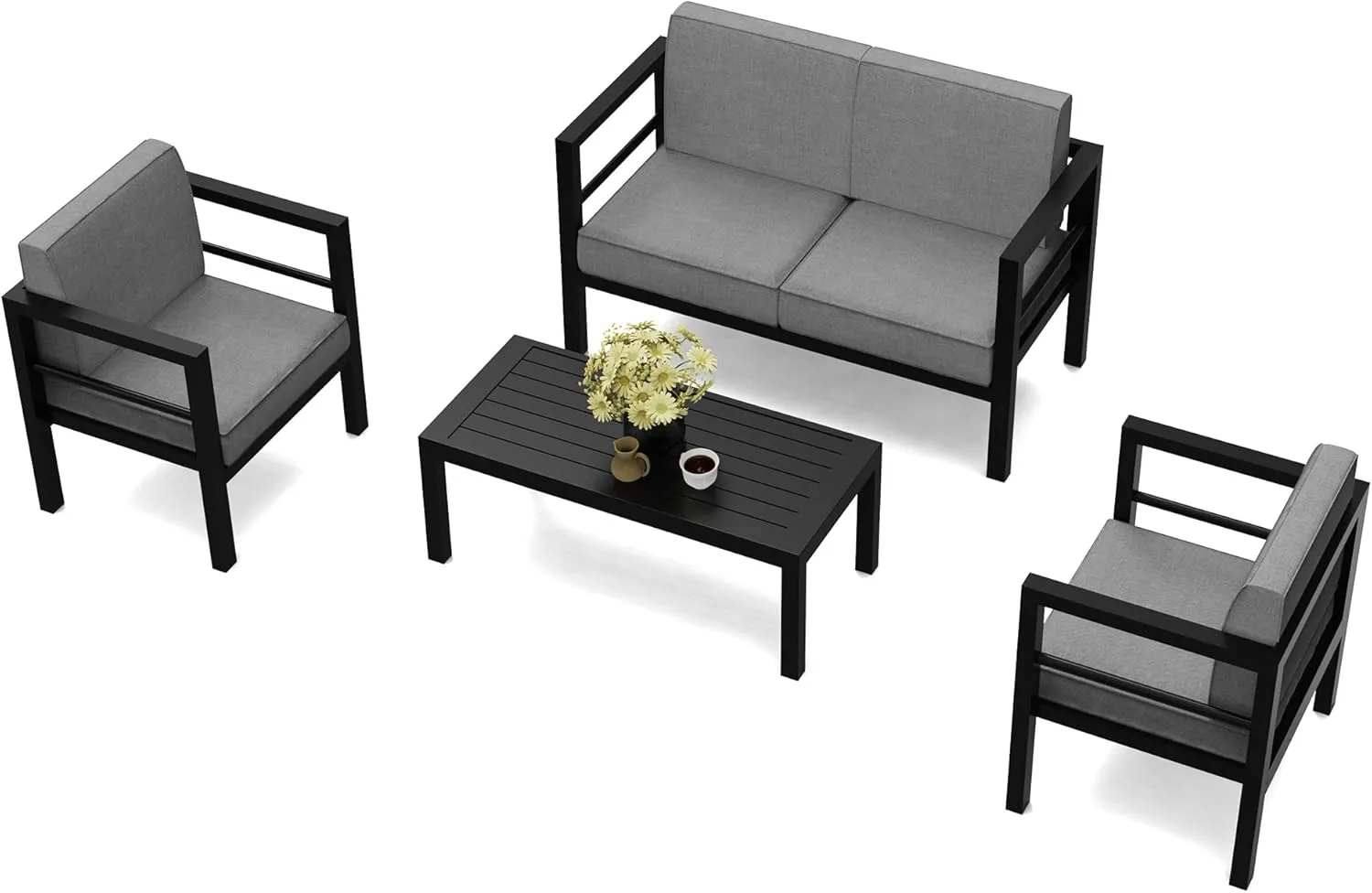 Aluminum Patio Furniture Set, 4 Pieces Modern Outdoor Conversation Set with Loveseat, Outdoor Sectional Sofa Set with Waterproof Upgrade Cushion and Coffee Table for Backyard, Lawn (4 Pcs)