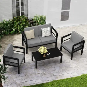 Aluminum Patio Furniture Set, 4 Pieces Modern Outdoor Conversation Set with Loveseat, Outdoor Sectional Sofa Set with Waterproof Upgrade Cushion and Coffee Table for Backyard, Lawn (4 Pcs)