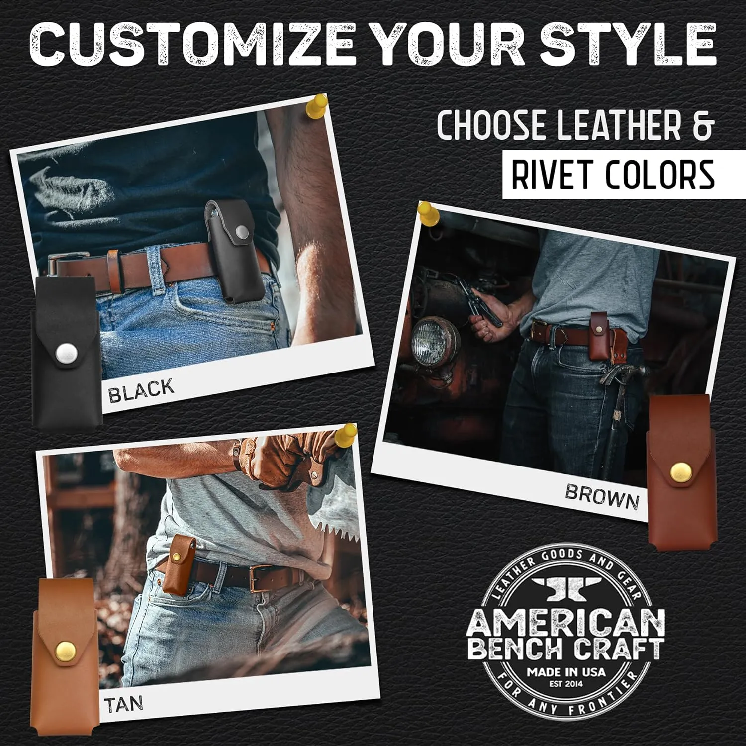 American Bench Craft Leather Multitool Sheath & Knife Case Fits Gerber Diesel, MP600 and Gator Folding Knife | Riveted Leather Holster, Durable Belt Sheath With Brass Snap - Black