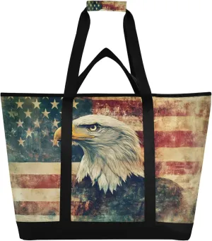 American Flag Eagle Reusable Insulated Cooler Bag with Ice Pack Compartment - Large 47L Waterproof Thermal Grocery Tote for Picnic Beach Camping Lunch Storage