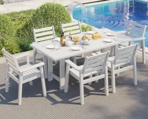 AMERLIFE 7-Piece HDPE Outdoor Dining Table Set with 6 Chairs, 71" L Patio Dining Furniture Set with Umbrella Hole, Modern Dinner Table & Chairs Set for Garden, Backyard, Poolside, White