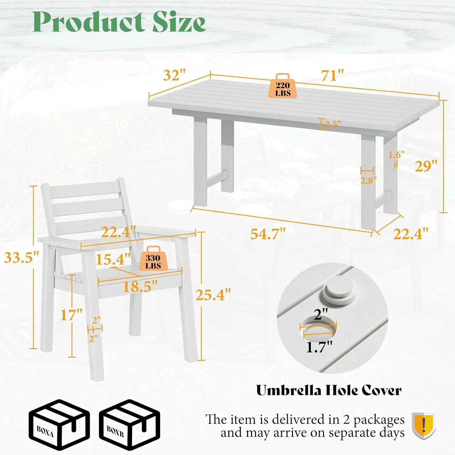 AMERLIFE 7-Piece HDPE Outdoor Dining Table Set with 6 Chairs, 71" L Patio Dining Furniture Set with Umbrella Hole, Modern Dinner Table & Chairs Set for Garden, Backyard, Poolside, White
