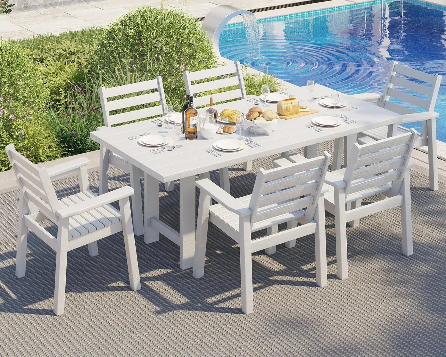 AMERLIFE 7-Piece HDPE Outdoor Dining Table Set with 6 Chairs, 71" L Patio Dining Furniture Set with Umbrella Hole, Modern Dinner Table & Chairs Set for Garden, Backyard, Poolside, White