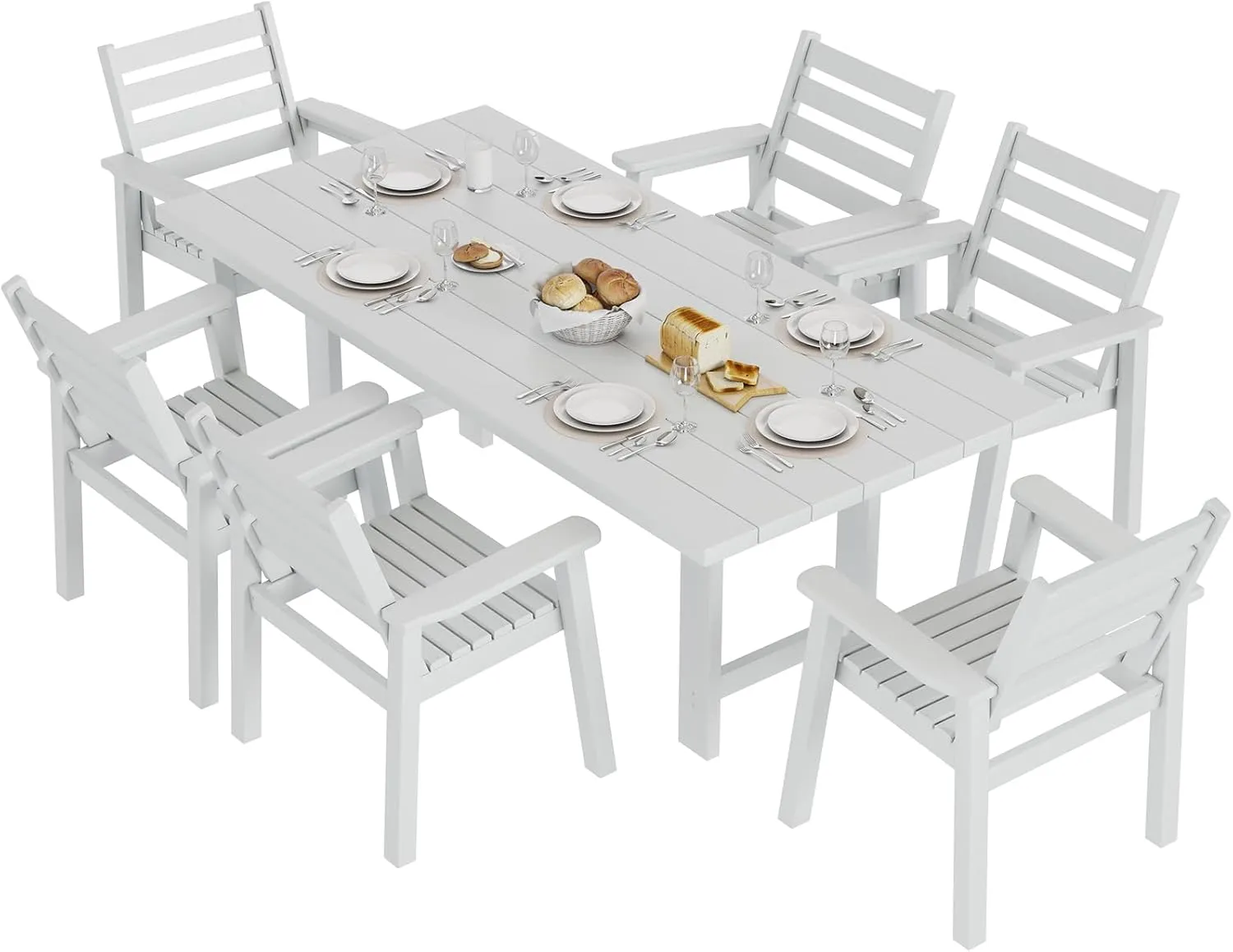 AMERLIFE 7-Piece HDPE Outdoor Dining Table Set with 6 Chairs, 71" L Patio Dining Furniture Set with Umbrella Hole, Modern Dinner Table & Chairs Set for Garden, Backyard, Poolside, White