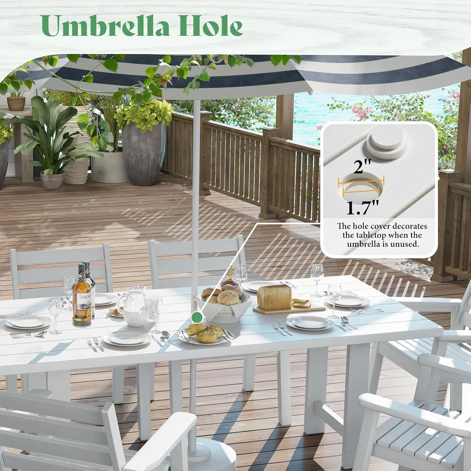 AMERLIFE 7-Piece HDPE Outdoor Dining Table Set with 6 Chairs, 71" L Patio Dining Furniture Set with Umbrella Hole, Modern Dinner Table & Chairs Set for Garden, Backyard, Poolside, White