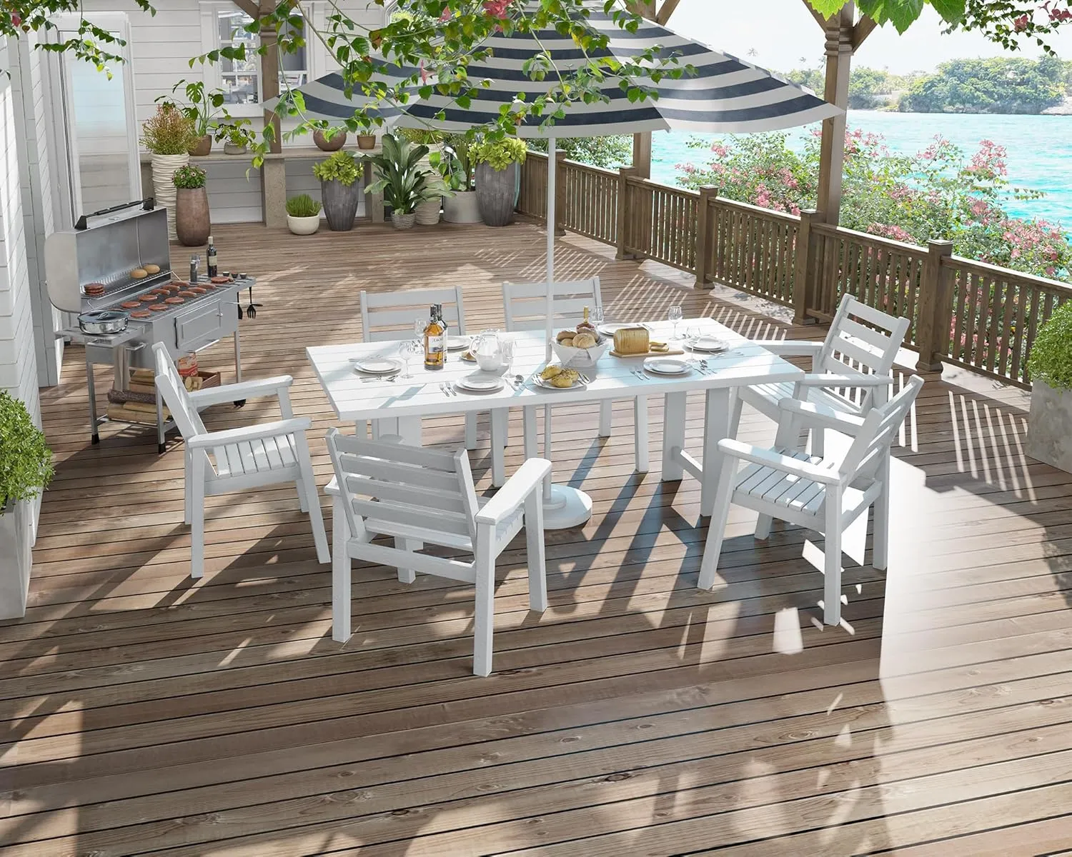 AMERLIFE 7-Piece HDPE Outdoor Dining Table Set with 6 Chairs, 71" L Patio Dining Furniture Set with Umbrella Hole, Modern Dinner Table & Chairs Set for Garden, Backyard, Poolside, White
