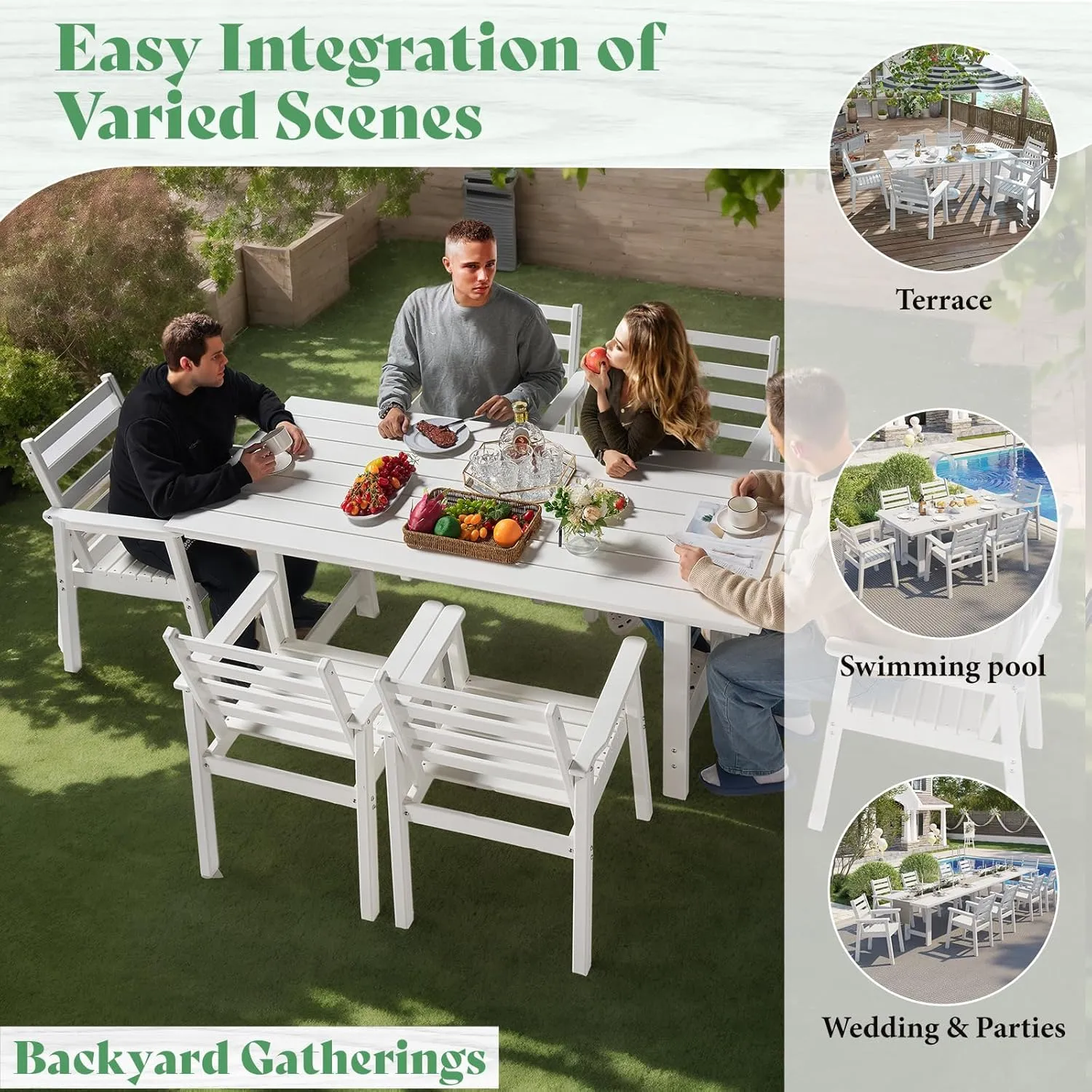AMERLIFE 7-Piece HDPE Outdoor Dining Table Set with 6 Chairs, 71" L Patio Dining Furniture Set with Umbrella Hole, Modern Dinner Table & Chairs Set for Garden, Backyard, Poolside, White