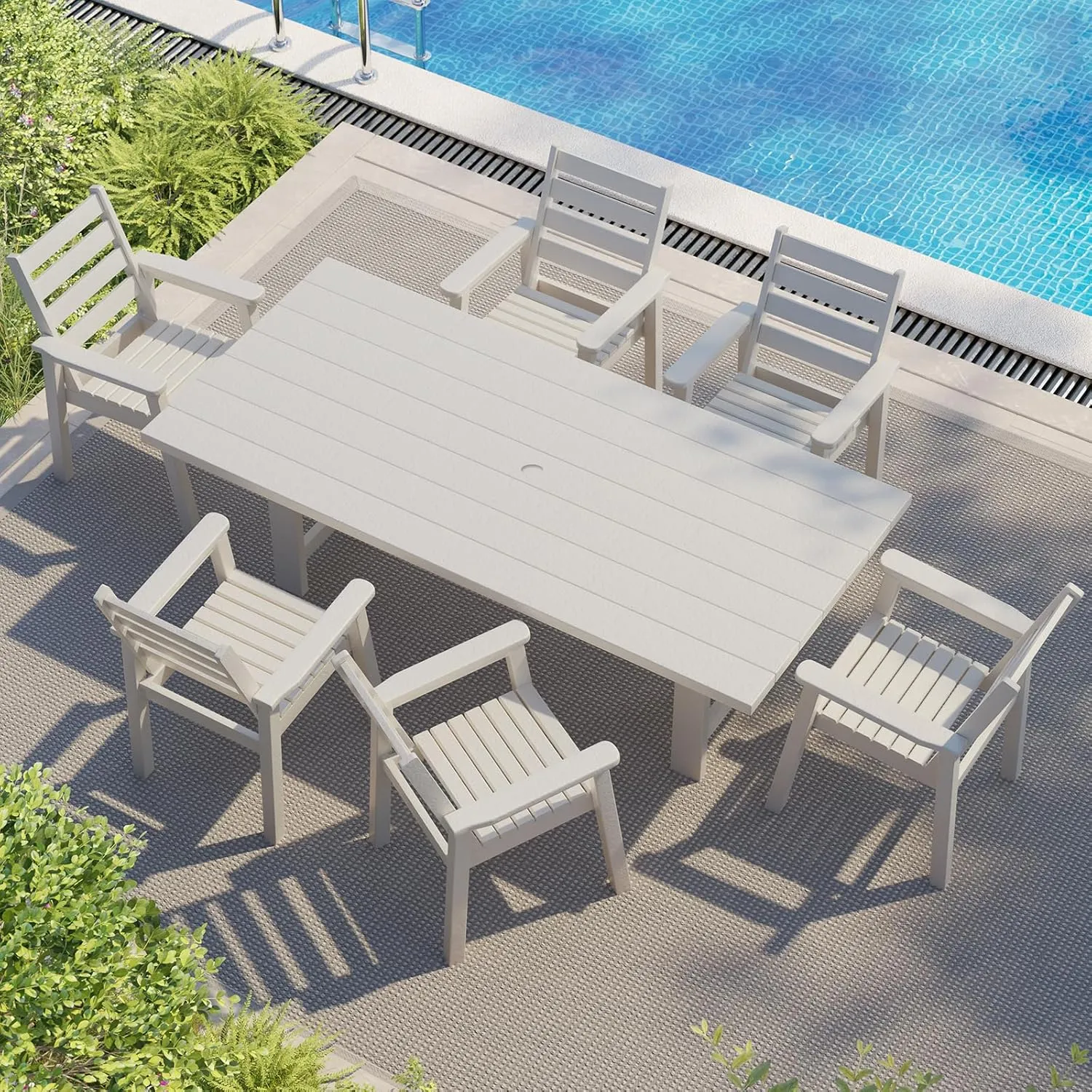 AMERLIFE 7-Piece HDPE Outdoor Dining Table Set with 6 Chairs, 71" L Patio Dining Furniture Set with Umbrella Hole, Modern Dinner Table & Chairs Set for Garden, Backyard, Poolside, White