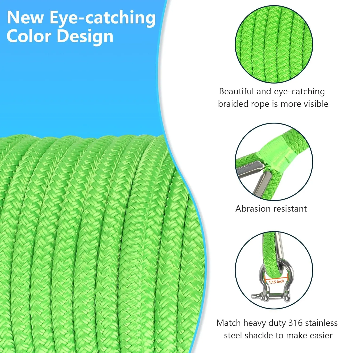 Anchor Rope 100 FT 1/2 in, Double Braided Anchor Line with 316 Stainless Steel Thimble & Shackle, Boat Anchor Rope Ideal for Towing, Mooring, Deck, Anchoring, Boats Up to 35' - Green