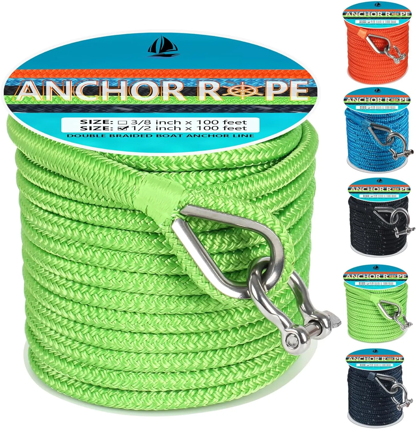 Anchor Rope 100 FT 1/2 in, Double Braided Anchor Line with 316 Stainless Steel Thimble & Shackle, Boat Anchor Rope Ideal for Towing, Mooring, Deck, Anchoring, Boats Up to 35' - Green